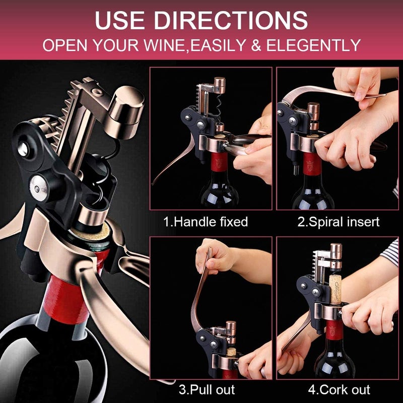 QONYFONE Wine Opener, Rabbit Corkscrew with Elegant Wooden Box, Premium 9-Piece Set, Includes Wine Stopper, Foil Cutter, Aerator, Quick and Easy Cork Extraction for Wine Lovers, Bronze - Image 3